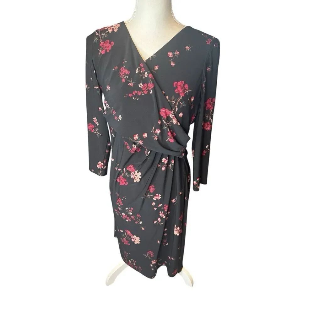 LAUREN Ralph Lauren WomenS Black Floral Print Surplice Jersey Dress Size 12 NWOT